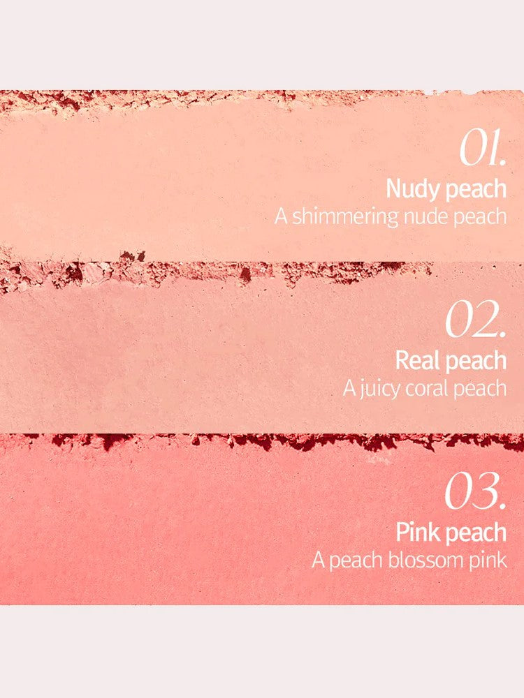 Three pastel peach shades of Too Cool for School Artclass By Rodin Blusher in De Peche: Nudy Peach (shimmering nude), Real Peach (coral), and Pink Peach (peach blossom pink.