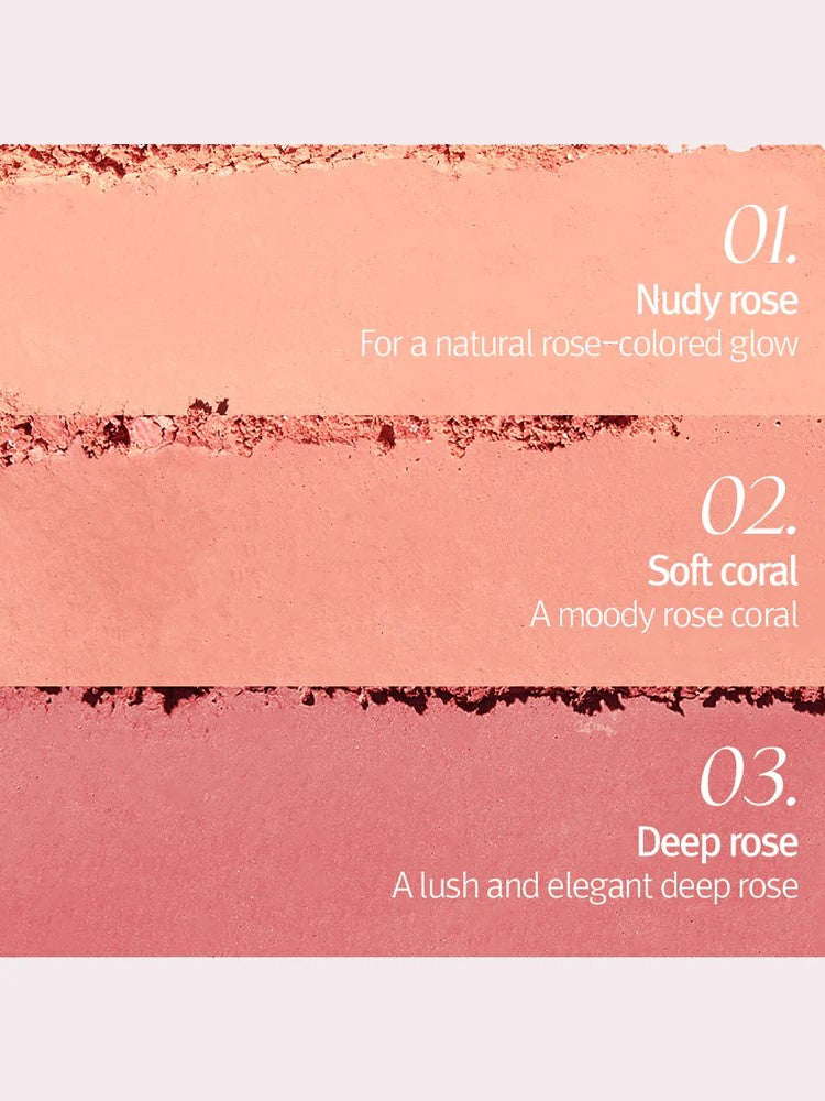 Three layers of Too Cool for School Artclass By Rodin Blusher in De Rosée shade: Nudy Rose for a natural look, Soft Coral for a moody tone, and Deep Rose for an elegant finish.