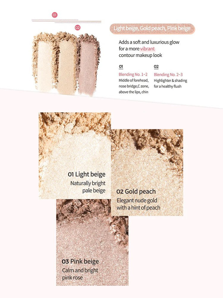 Three shades from Too Cool for School Artclass By Rodin Highlighter #1 Glam, labeled Light Beige, Gold Peach, and Pink Beige, showcasing colors for contouring and highlighting.