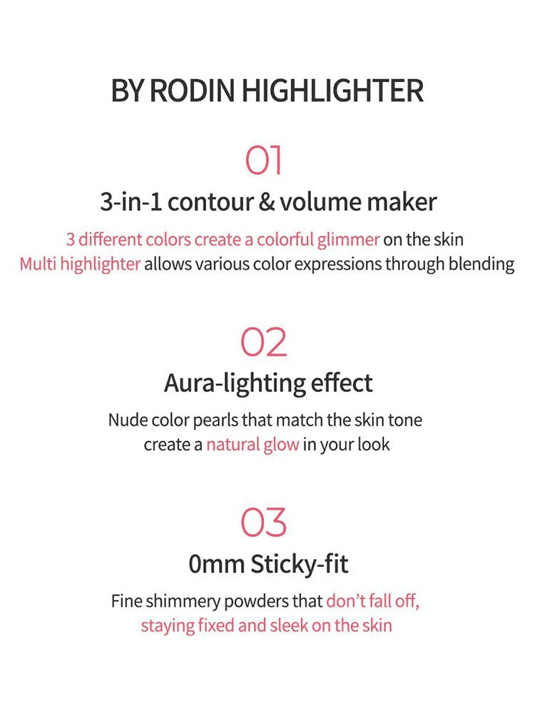 Text describing the By Rodin Highlighter: 3-in-1 formula, aura-lighting effect for luminous radiance, and 0mm sticky-fit texture for a smooth, lasting glow.