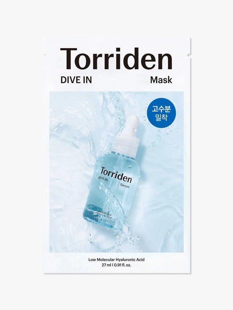 Packaging of Torriden Dive In Mask featuring a blue serum bottle with splash effects and text highlighting low molecular Hyaluronic Acid.