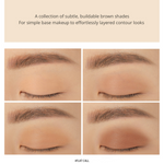 Close-up of four eye makeup looks created with the Flat Call shade from 3CE Mini Multi Eye Color Palette, featuring buildable brown tones for natural to layered contour effects.