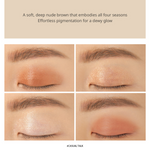 Close-up of four eye makeup looks created with Casual Talk shade from 3CE Mini Multi Eye Color Palette, showcasing soft nude brown tones with smooth pigmentation and subtle dewy glow.