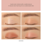 Close-up of four eye makeup looks created with Second Pair shade from 3CE Mini Multi Eye Color Palette, featuring a pink color scheme for natural harmony.