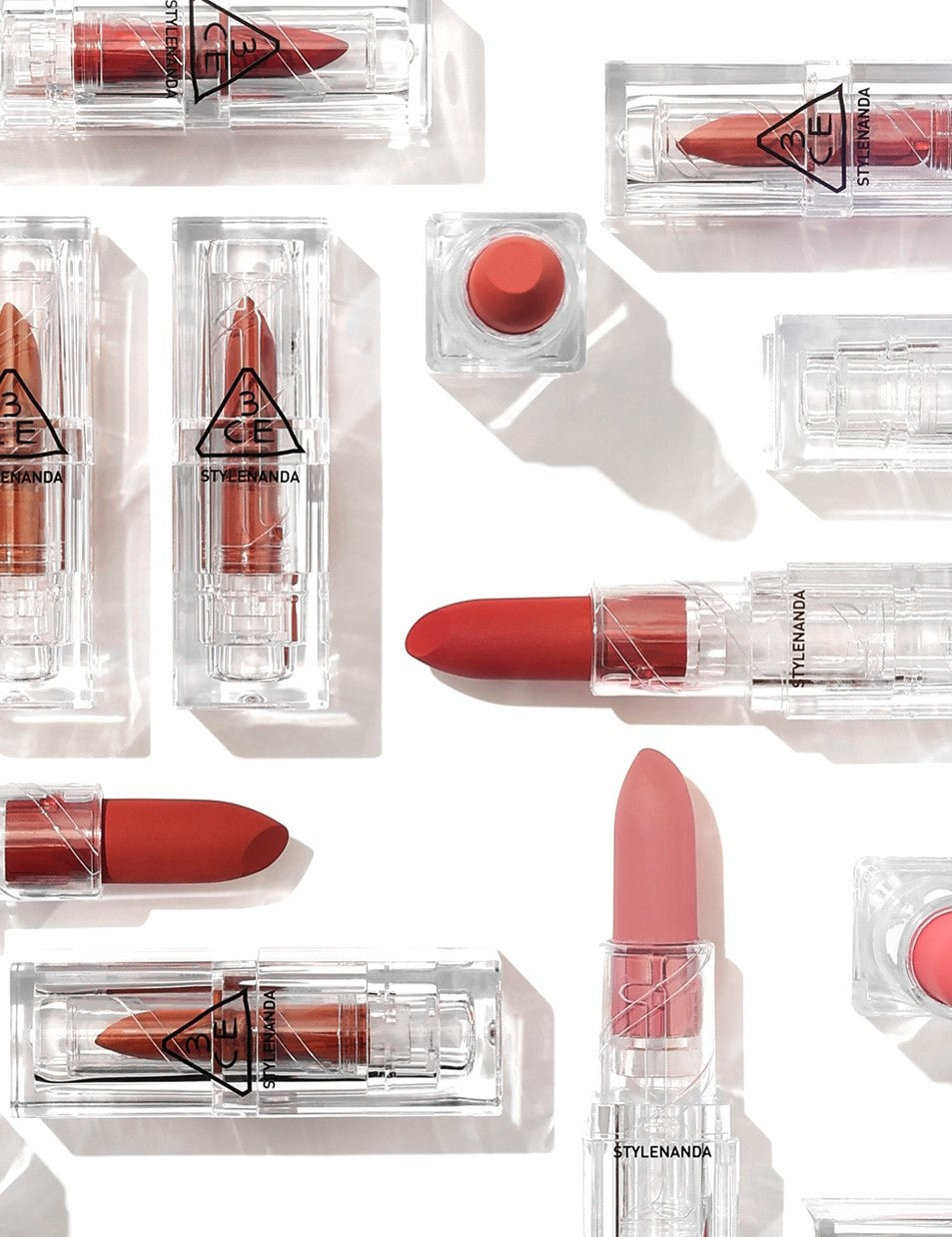 3CE Soft Matte Lipstick collection with sleek, modern packaging and a trendy, fashionable design.