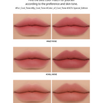Color chart of 3CE Soft Matte Lipstick featuring the full range of trendy shades for versatile makeup looks.