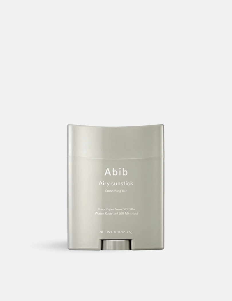 Abib Airy Sunstick offering SPF 50+ protection and water resistance, on a light grey background.