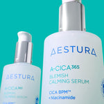Two bottles of Aestura A-CICA 365 Blemish Calming Serum, highlighting CICA BPM™ and Niacinamide benefits for irritated skin, set against a teal background.