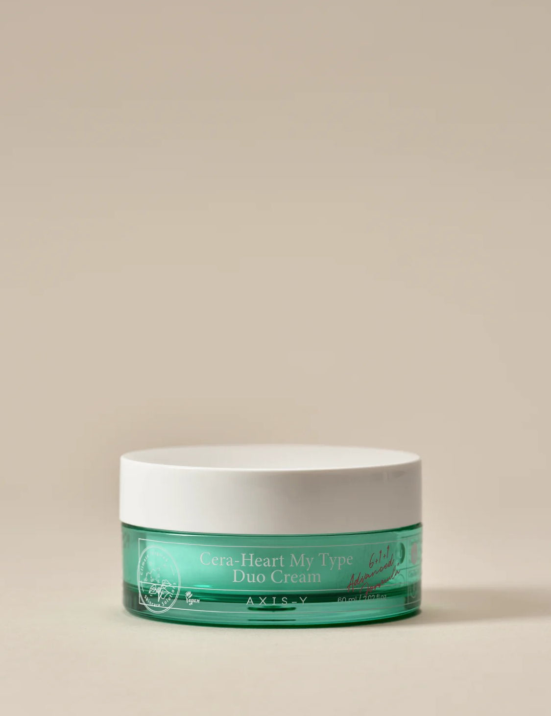 Teal container of Axis-Y Cera-Heart My Type Duo Cream with white lid, labeled with product details, on a neutral background.