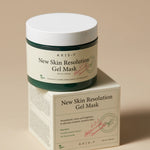 Green container of AXIS-Y New Skin Resolution Gel Mask with its box, highlighting soothing ingredients for sensitive skin.