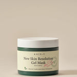 Green jar of AXIS-Y New Skin Resolution Gel Mask with a cream label, highlighting key ingredients like Heartleaf, Centella Asiatica, and Niacinamide, on a neutral background.