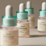 Four bottles of Axis-Y Spot Difference Blemish Treatment with mint green caps and labels, featuring key ingredients like Terpineol, Niacinamide, and exfoliants for blemish care.