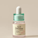Small glass bottle of AXIS-Y Spot The Difference Blemish Treatment with a mint green dropper cap, featuring 4-Terpineol, Niacinamide 2%, AHA, and BHA for blemish care, on a neutral background.