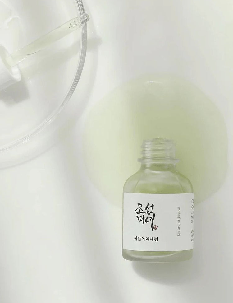 Close-up of Beauty of Joseon Green Tea and Mugwort Calming Serum with pipette, highlighting the texture.