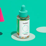 Beplain Cicaterol Ampoule with a teal cap, placed against a bright turquoise background with geometric accents.