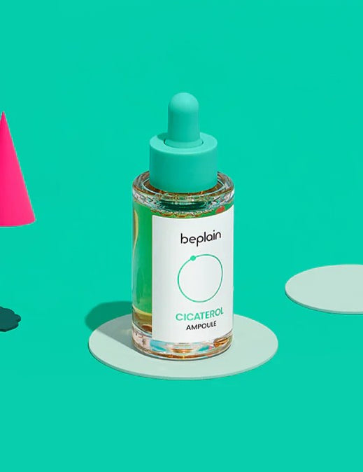 Beplain Cicaterol Ampoule with a teal cap, placed against a bright turquoise background with geometric accents.