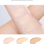 Color guide for CLIO Kill Cover Mesh Glow Cushion with shade swatches 2 Lingerie, 3 Linen, and 4 Ginger on a model’s arm.