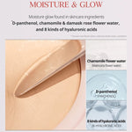 Infographic of CLIO Kill Cover Mesh Glow Cushion showing skincare ingredients: D-Panthenol, Chamomile, Damask Rose Water, and 8 Hyaluronic Acids.