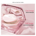 Close-up of CLIO Kill Cover Mesh Glow Cushion compact with square case design and curved puff for precise application.