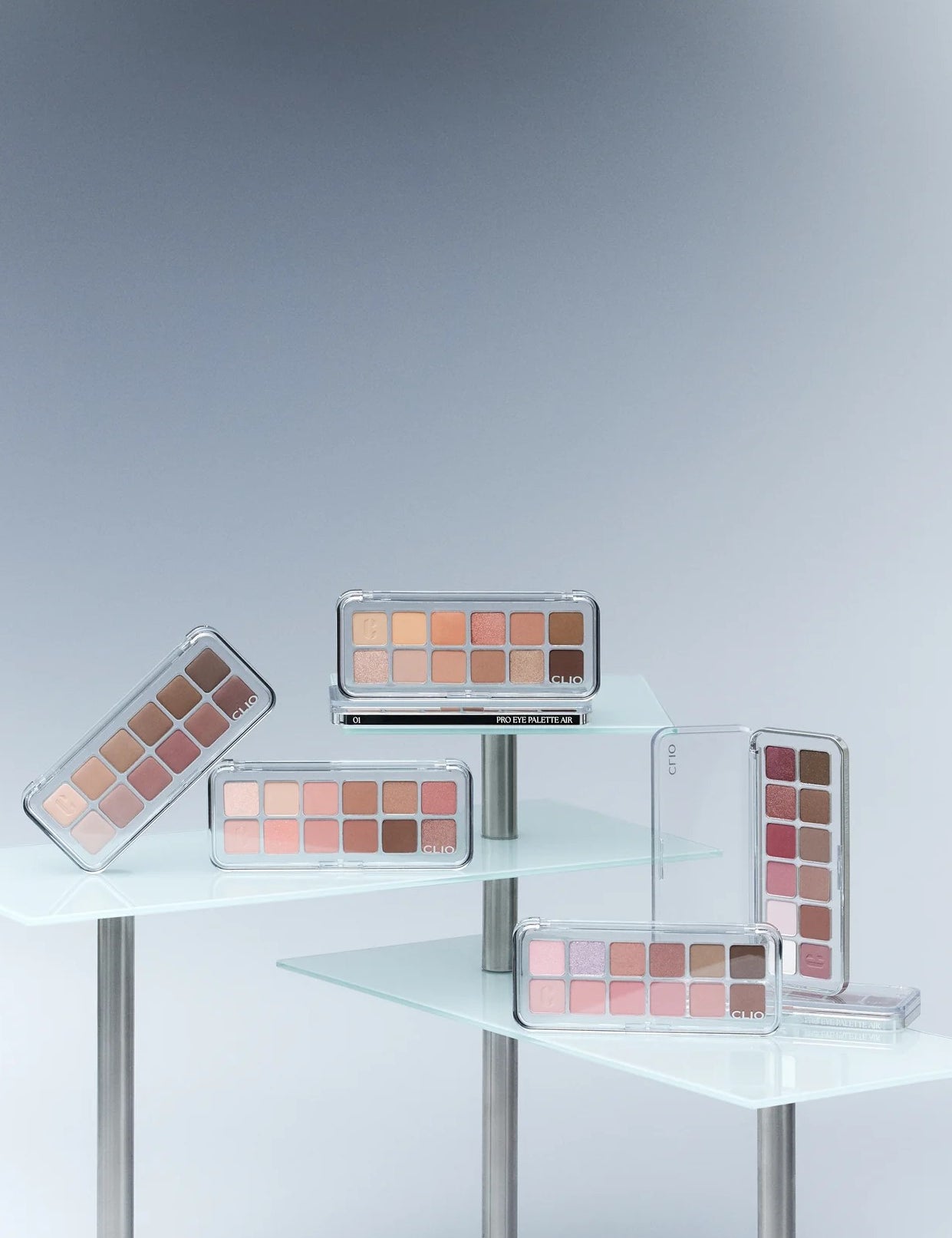 CLIO Pro Eye Palette Air full collection, showcasing all available palettes with 12 versatile shades each in sleek transparent cases.