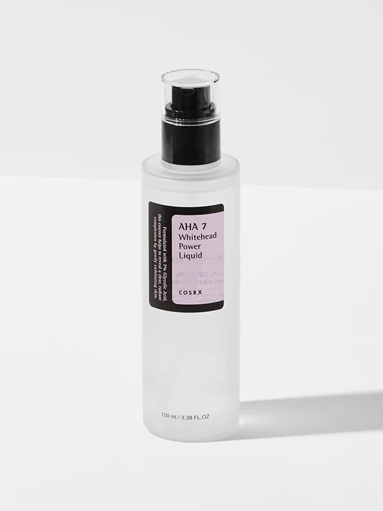 A transparent bottle of Cosrx AHA 7 Whitehead Power Liquid with a black pump, designed for exfoliation, brightening, and whitehead removal.