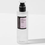 A transparent bottle of Cosrx AHA 7 Whitehead Power Liquid with a black pump, designed for exfoliation, brightening, and whitehead removal.