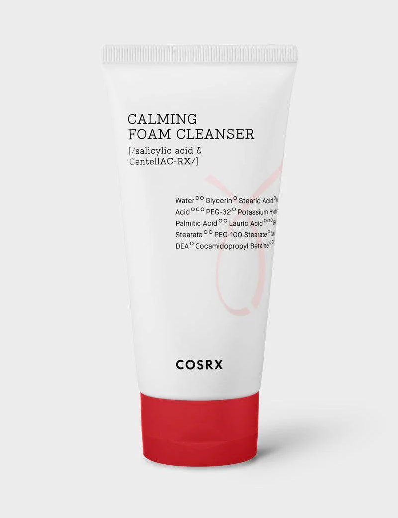 A tube of Cosrx Calming Foam Cleanser with a red cap, labeled with Salicylic Acid and CentellAC-RX to soothe skin.