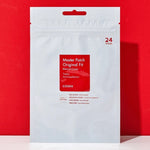 White packaging of Cosrx Acne Pimple Master Patch with red accents, featuring key benefits and details for blemish treatment.