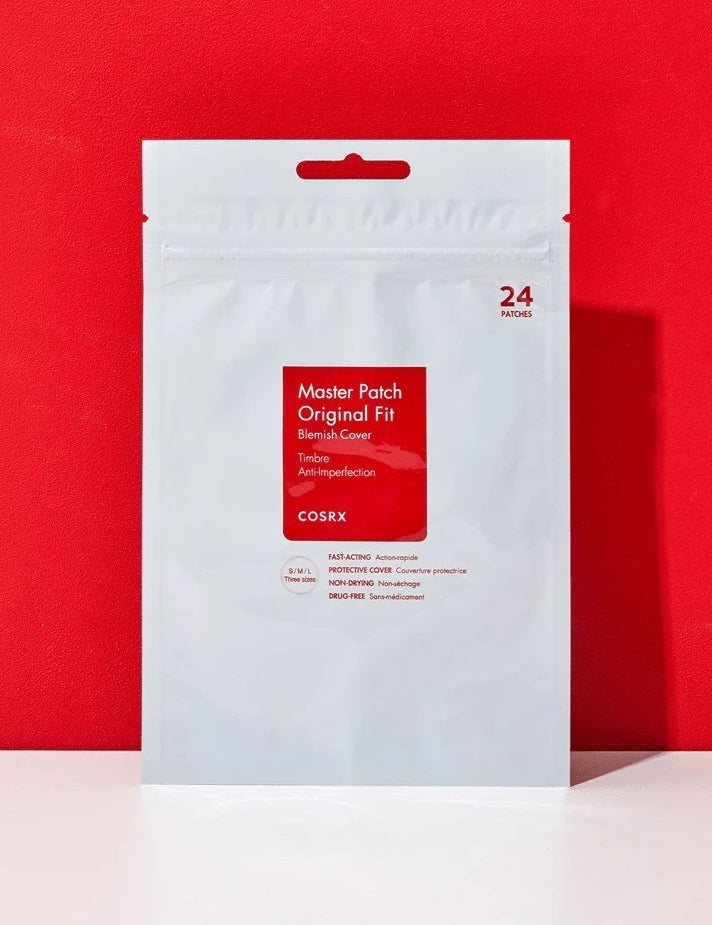 White packaging of Cosrx Acne Pimple Master Patch with red accents, featuring key benefits and details for blemish treatment.