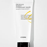 A white tube of Cosrx Propolis Honey Overnight Mask with a black cap, designed for hydration, nourishment, and glowing skin, featuring a sleek design and ingredient details.