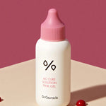 A bottle of Dr. Ceuracle AC Cure Solution Pink Gel on a beige surface, formulated with soothing and acne-targeting properties to address spot concerns effectively.