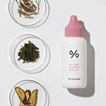 A white bottle of Dr. Ceuracle AC Cure Solution Pink Gel with three glass dishes showcasing key herbal ingredients for soothing and antioxidant benefits.