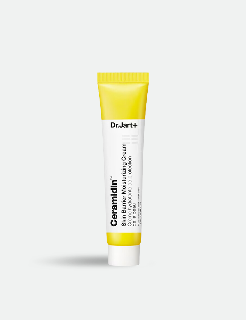 Dr. Jart+ Ceramidin Skin Barrier Moisturizing Cream in a yellow-topped tube is set against a light background. Perfect for dry and sensitive skin.