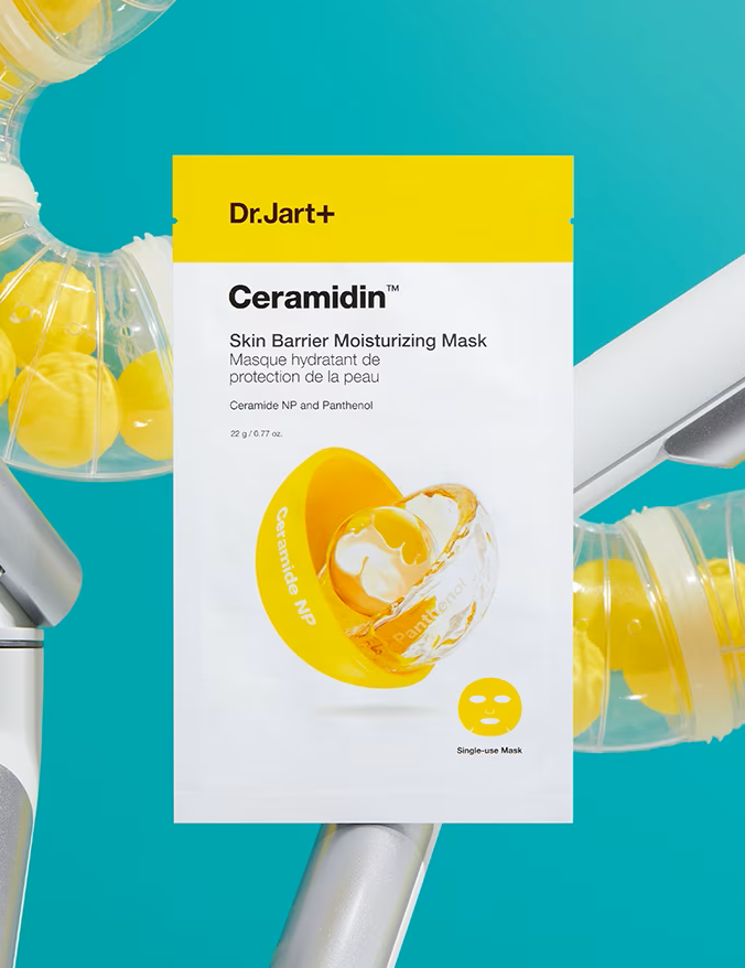 Dr. Jart+ Ceramidin Skin Barrier Moisturizing Mask packaging with bright yellow and white design, set against a turquoise background.