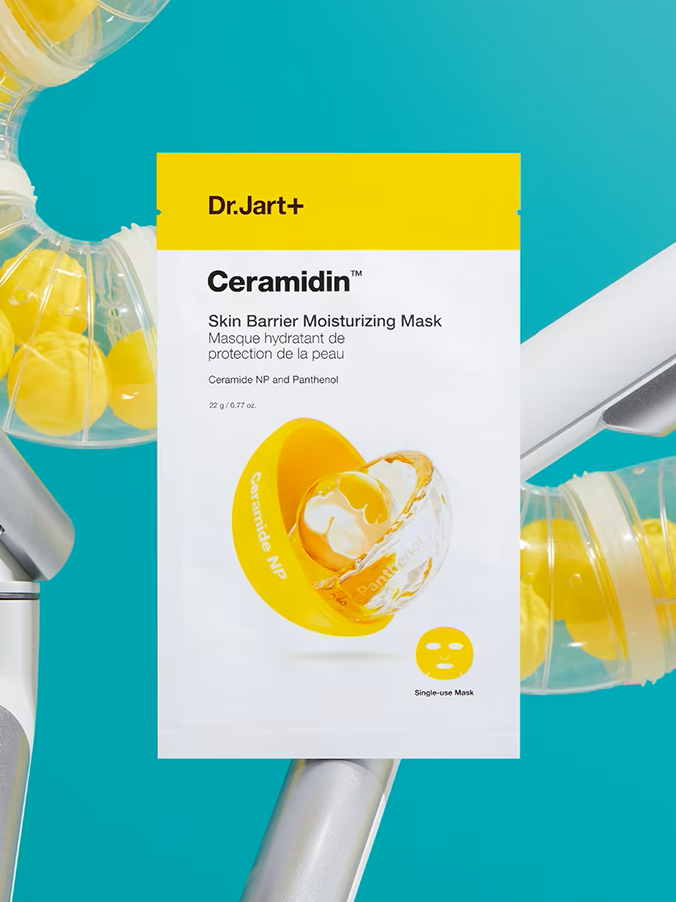 Dr. Jart+ Ceramidin Skin Barrier Moisturizing Mask packaging with bright yellow and white design, set against a turquoise background.
