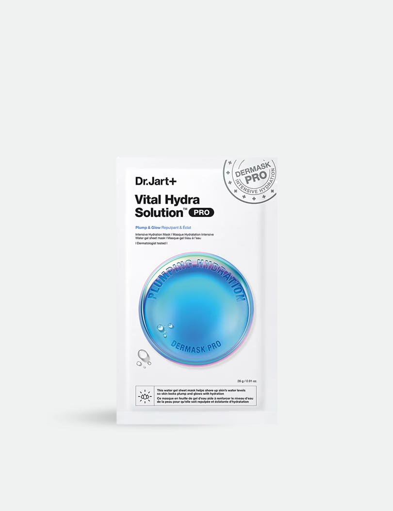 A sachet of Dr. Jart+ Vital Hydra Solution Pro Mask, designed to deliver plumping and hydrating benefits, features a blue circular design and is set against a gray background.