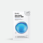 A sachet of Dr. Jart+ Vital Hydra Solution Pro Mask, designed to deliver plumping and hydrating benefits, features a blue circular design and is set against a gray background.