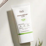 Dr.G Green Mild Up Sun+ Sunscreen SPF 50+ tube on a light surface, showing its white design with green accents and labeled details.