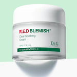 A jar of Dr.G Red Blemish Cica Soothing Cream on a mint background, featuring its clean, minimalist packaging design.