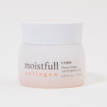 A jar of Etude Moistfull Collagen Deep Cream with a white lid and a soft pink gradient container, labeled with product details.