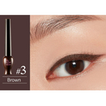 Close-up of an eye wearing smooth brown eyeliner from the Etude House Oh My Line Collection, featuring a smooth winged tip, with the eyeliner product labeled 'Brown #3' displayed nearby.