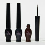 Three bottles of eyeliner from the Etude House Oh My Line collection in black and dark brown shades, displayed on a white background to showcase their sleek designs and logos.