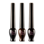 Three eyeliner bottles from the Etude House Oh My Line collection with sleek black and brown designs, featuring the 'Oh My Line' label in pink.