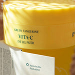 A vibrant yellow jar of Goodal Green Tangerine Vita C Eye Gel Patch, emphasizing its eco-friendly packaging and sleek design.