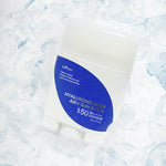 Isntree Hyaluronic Acid Airy Sun Stick SPF 50 placed on a bed of ice cubes, emphasizing its refreshing and cooling feel.