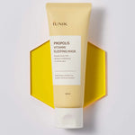 Tube of IUNIK Propolis Vitamin Sleeping Mask placed on a yellow hexagon background, highlighting its nourishing and moisturizing benefits with a vibrant design.