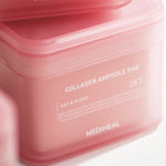 Close-up of a pink jar of Mediheal Collagen Ampoule Pads, labeled for daily use to address skin concerns during day and night.