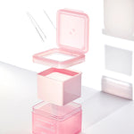 Pink container of Mediheal Collagen Ampoule Pads with an upper compartment and pads inside, paired with a clear applicator tool, set against a bright background to showcase the refill method.