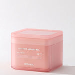 Pink square container of Mediheal Collagen Ampoule Pads, labeled for day and night use, displayed on a minimalistic background to highlight its sleek design.