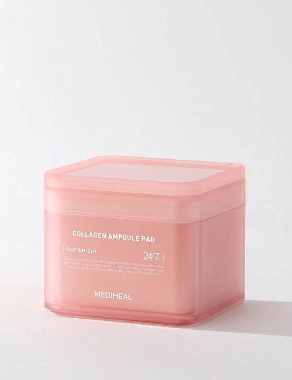 Pink square container of Mediheal Collagen Ampoule Pads, labeled for day and night use, displayed on a minimalistic background to highlight its sleek design.